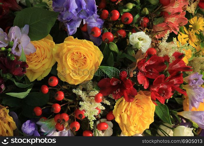 Colorful flower arrangement: various flowers in different colors for a wedding