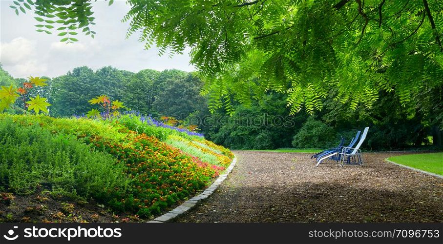 Colorful flower bed and place for rest on sunny afternoon.