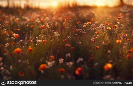 Colorful flower meadow with sunbeams and bokeh lights in summer - nature background banner with copy space - summer greeting card wildflowers spring concept bright. Colorful flower meadow with sunbeams and bokeh lights in summer - nature background banner with copy space - summer greeting card wildflowers spring concept