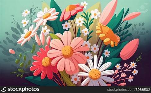 Colorful flowers, floral background, wedding card. Generative AI