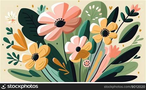 Colorful flowers, floral background, wedding card. Generative AI