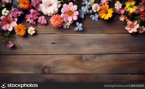 Colorful flowers on wooden background. Top view with copy space.