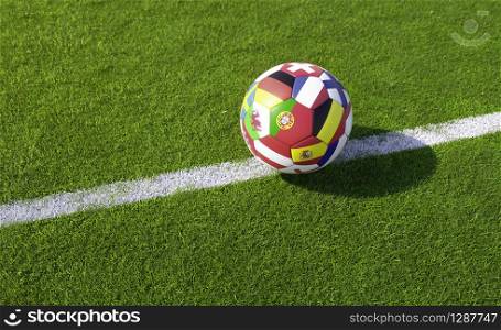 Colorful football or soccer ball with national flags of competing championship teams in the World Cup on a white line on the green turf of a sports field with copy space