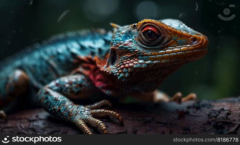 Colorful forest lizard on a tree bark in forest. Generative AI.. Colorful forest lizard on a tree bark in forest. Generative AI