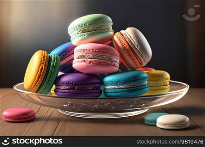 Colorful french macarons on plate Illustration Generative AI