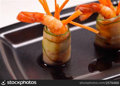 colorful fresh prawn shrimps and vegetables appetizer snack antipasto