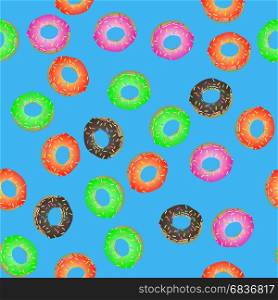 Colorful Fresh Sweet Donuts Seamless Pattern on Blue Background. Delicios Tasty Glazed Donut. Cream Yummy Cookie.. Colorful Fresh Sweet Donuts Seamless Pattern