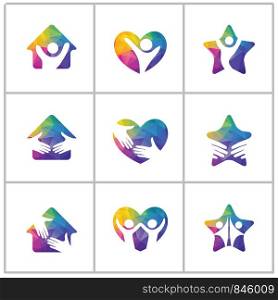 Colorful friendship handshake vector logo design, happy kids and family illustrations, people in home and heart icon,