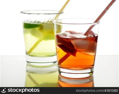 colorful fruit cocktails with ice cubes