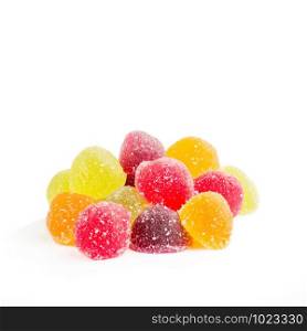 Colorful fruit jelly with sugar, on white background