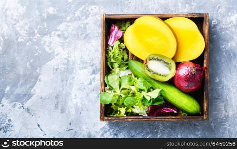 Colorful fruits and vegetables. Composition with fresh fruits and vegetables. Detox diet.Healthy eating.