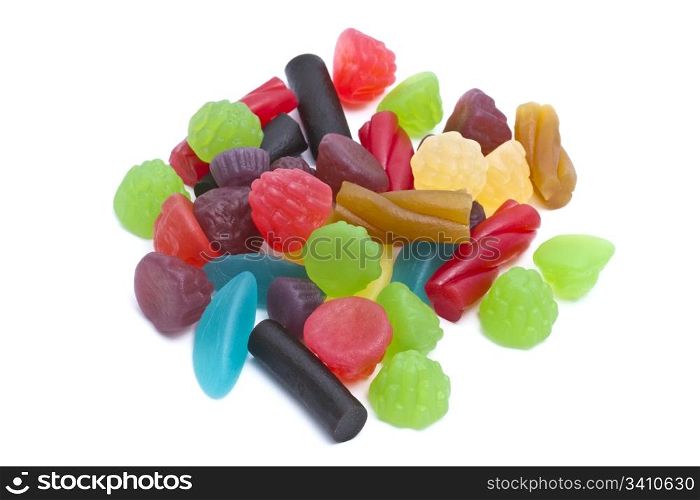 Colorful fruits candy closeup on white background