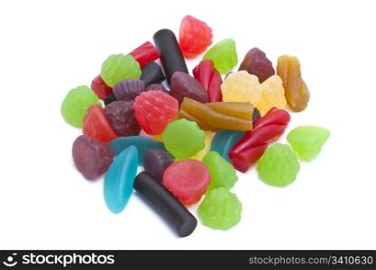 Colorful fruits candy closeup on white background