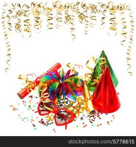 colorful garlands, streamer and confetti on white background. birthday or carnival party decoration