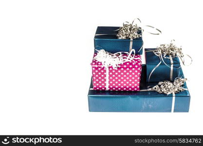 Colorful gift boxes with silver ribbon