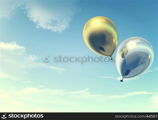 Colorful golden and silver balloons floating in summer holidays in vintage color filter, concept of summer, holidays, and joyful