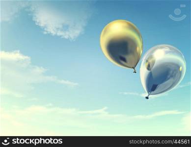 Colorful golden and silver balloons floating in summer holidays in vintage color filter, concept of summer, holidays, and joyful