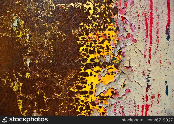 Colorful grunge background of rusty iron surface with paint stains