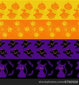Colorful halloween seamless borders set. Colorful halloween seamless borders set vector with pumpkin cat bat and spider