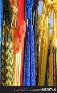 Colorful hand-made hammocks for sale at the artisanal market.
