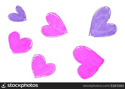 Colorful hand painted heart shapes draw on an white background
