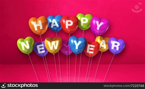 Colorful happy new year heart shape balloons on a pink concrete background. Horizontal banner. 3D illustration render. Colorful happy new year heart shape balloons on a pink concrete background. Horizontal banner