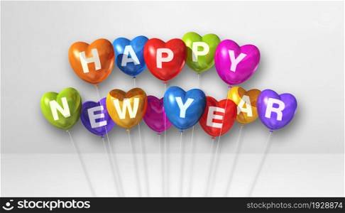 Colorful happy new year heart shape balloons on a white concrete background. Horizontal banner. 3D illustration render. Colorful happy new year heart shape balloons on a white concrete background. Horizontal banner