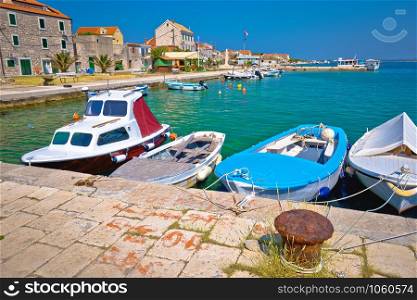 Colorful harbor and waterfront of Krapanj island, sea sponge harvesting village, Sibenik archipelago of Croatia