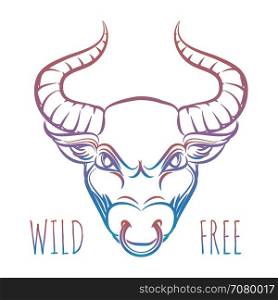 Colorful head of bull. Colorful head of bull and lettering wild free isolated on white. Vector illustration