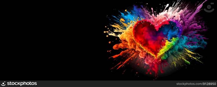 Colorful heart, explosion. Rainbow colors. Diversity, tolerance, inclusion concept. Different and unique to be. Love. Banner with copy space. Generative AI. Colorful heart, explosion. Rainbow colors. Diversity, tolerance, inclusion concept. Different and unique to be. Love. Banner with copy space. Generative AI.