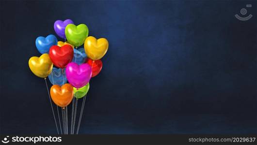 Colorful heart shape balloons bunch on a black wall background. Horizontal banner. 3D illustration render. Colorful heart shape balloons bunch on a black wall background. Horizontal banner.