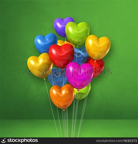 Colorful heart shape balloons bunch on a green wall background. 3D illustration render. Colorful heart shape balloons bunch on a green wall background