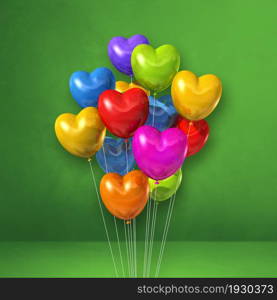 Colorful heart shape balloons bunch on a green wall background. 3D illustration render. Colorful heart shape balloons bunch on a green wall background