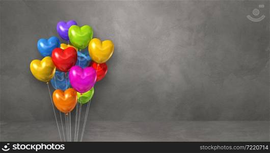 Colorful heart shape balloons bunch on a grey wall background. Horizontal banner. 3D illustration render. Colorful heart shape balloons bunch on a grey wall background. Horizontal banner.