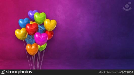 Colorful heart shape balloons bunch on a purple wall background. Horizontal banner. 3D illustration render. Colorful heart shape balloons bunch on a purple wall background. Horizontal banner.