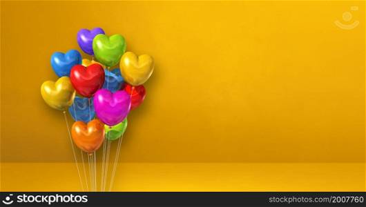 Colorful heart shape balloons bunch on a yellow wall background. Horizontal banner. 3D illustration render. Colorful heart shape balloons bunch on a yellow wall background. Horizontal banner.