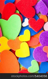 Colorful hearts stickers background. Valantine decorations. Various hearts