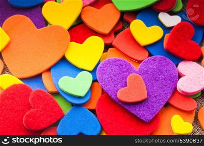 Colorful hearts stickers background. Valentine decorations. Various hearts