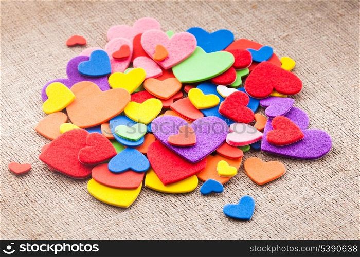 Colorful hearts stickers background. Valentine decorations. Various hearts