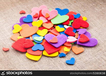 Colorful hearts stickers background. Valentine decorations. Various hearts