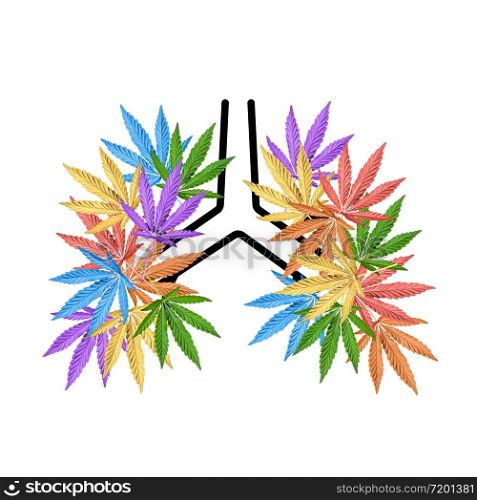 Colorful Hemp or cannabis leaves shaped in human lungs. Conceptual human lungs icon.. Colorful Hemp or cannabis leaves shaped in human lungs