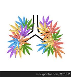 Colorful Hemp or cannabis leaves shaped in human lungs. Conceptual human lungs icon.. Colorful Hemp or cannabis leaves shaped in human lungs