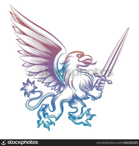 Colorful heraldy griffon with sword. Colorful hand drawn heraldy griffon with sword isolated on white background. Vector illustration