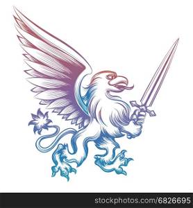Colorful heraldy griffon with sword. Colorful hand drawn heraldy griffon with sword isolated on white background. Vector illustration