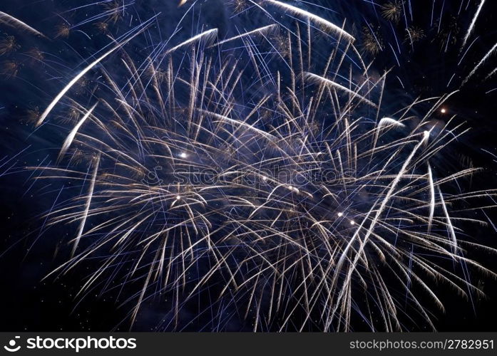 Colorful holiday fireworks on the black sky background.