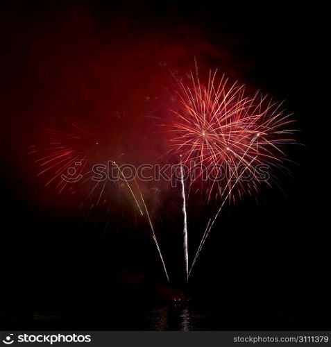 Colorful holiday fireworks on the black sky background.