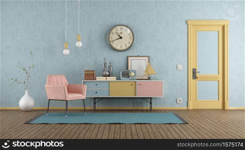Colorful home entrance in vintage style with closed front door,armchair and sideboard - 3d rendering. Colorful home entrance in vintage style with closed front door