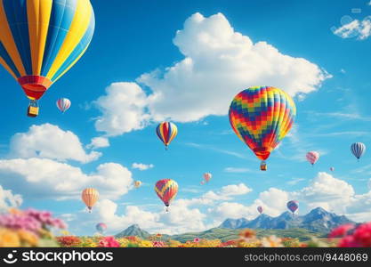 Colorful Hot Air Balloons Festival Flying Over Valley Hills with Flowers in Spring