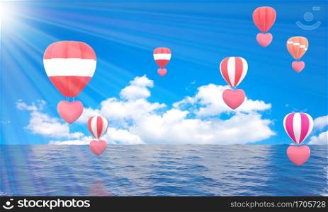 Colorful hot air balloons heart rising above serene the ocean seascape with blue sky background. Beautiful sun light Hot air balloon over the sea and white clouds. 3d rendering. illustration digital