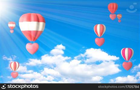 Colorful hot air balloons heart rising above serene the ocean seascape with blue sky background. Beautiful sun light Hot air balloon over the sea and white clouds. 3d rendering. illustration digital